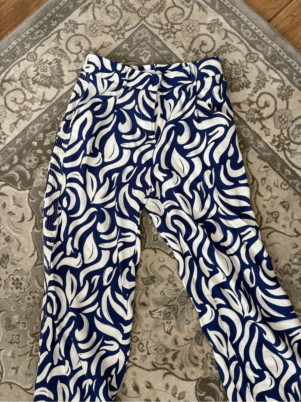 Mango Navy & White Swirl-Print Wide-Leg Pants
